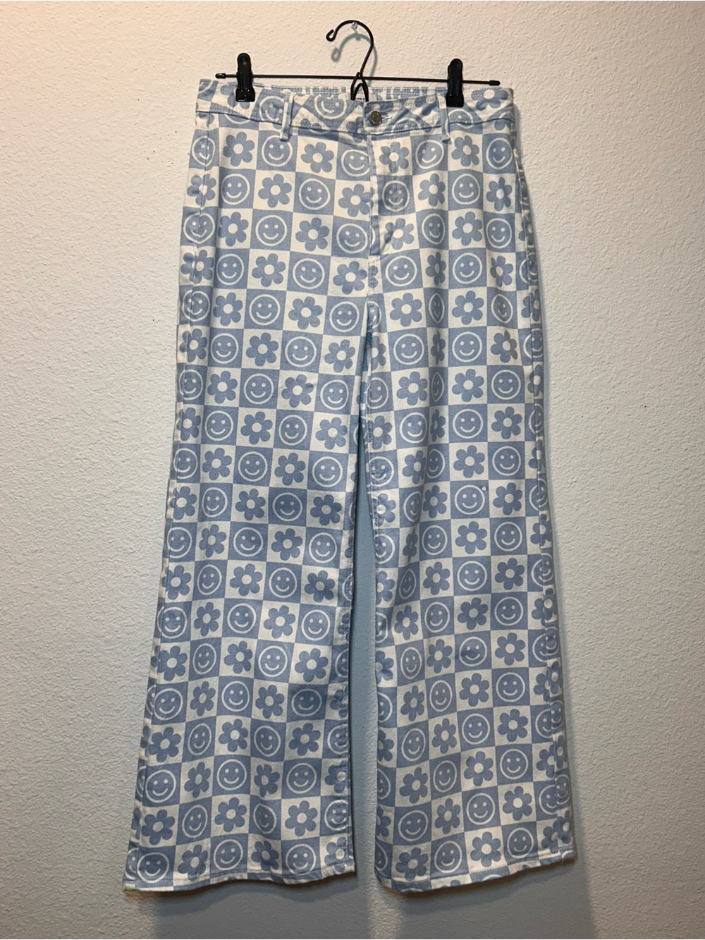 Forever 21 Y2K Avant Garde Geometric Wide-Leg Smiley Flower Retro Jean